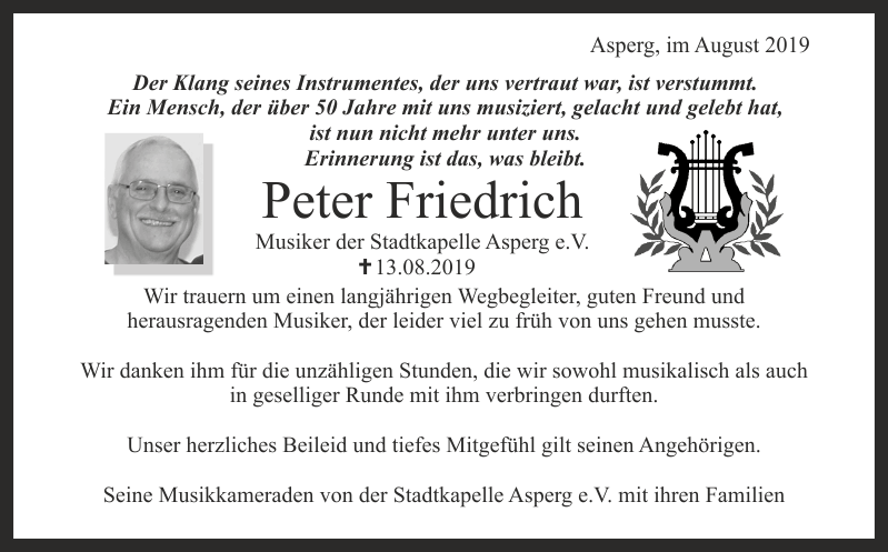 Traueranzeige Peter Friedrich